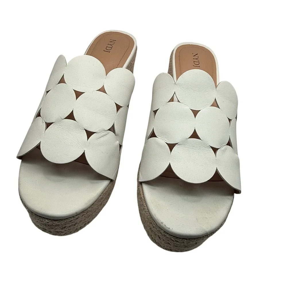 NYDJ Helene White Leather Circle Cutout Espadrille Wedge Sandals Size‎ 9.5M